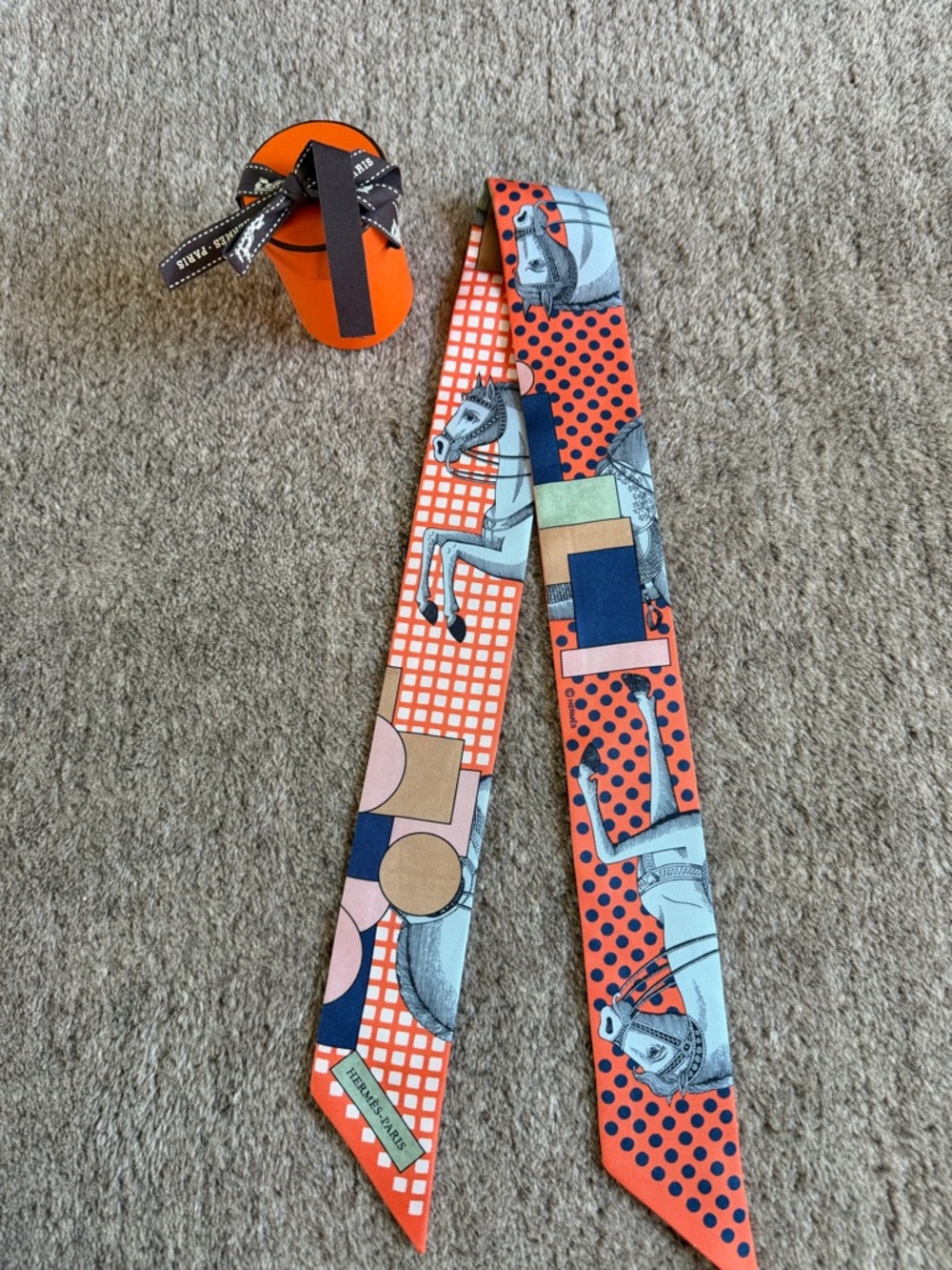 Hermes Orange, Blue & Cream Silk Twilly with Equestrian Motif